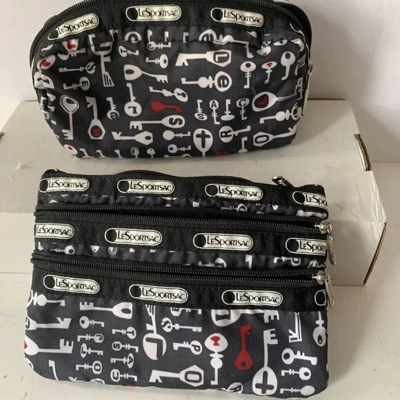 LESPORTSAC 2 SMALL BAGS POUCHES COSMETIC BAGS BLACK KEY PATTERN - Picture 10 of 10
